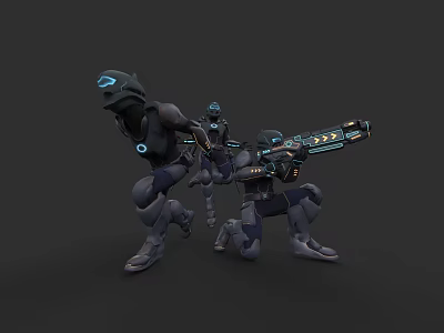 Three Game Movie Robot Characters With Blue Glowing Elements And Large Weapon In Battle Stance 3d model