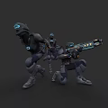 Three Game Movie Robot Characters With Blue Glowing Elements And Large Weapon In Battle Stance