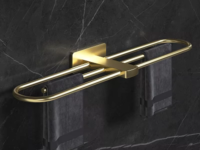 Gold Bathroom Towel Rack Mounted On Black Marble Wall With Gray Towels 3d model