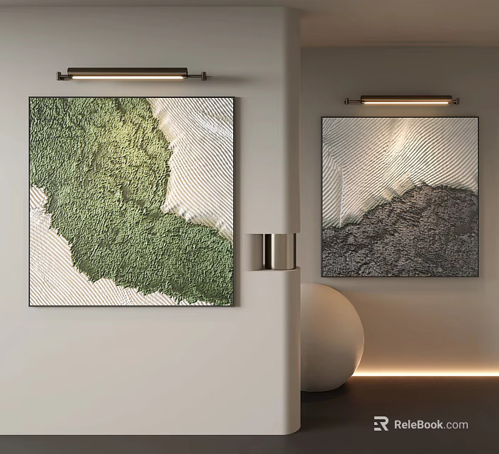 Abstract Paintings in Green and Gray Tones Hanging on Modern Wall with Lighting and Sphere 3d model 