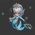 Cute Game Character Mermaid With Blue Hair Golden Crown Trident And Bubbles