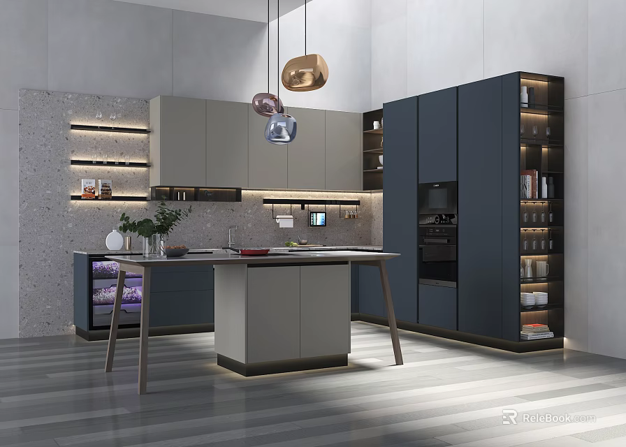 Modern Kitchen Interior With Gray Cabinets Island And Hanging Lights 3d model 