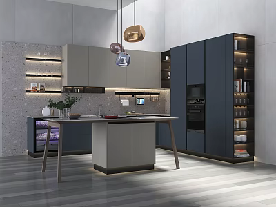 Modern Kitchen Interior With Gray Cabinets Island And Hanging Lights 3d model