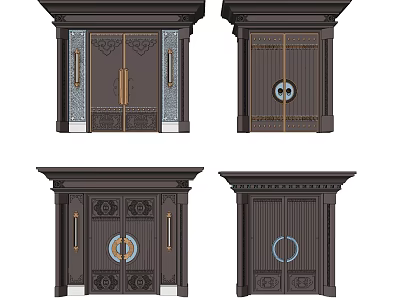 Traditional Chinese Entrance Door Design With Symmetric Carvings Metal Accents And Door Knockers 3d model