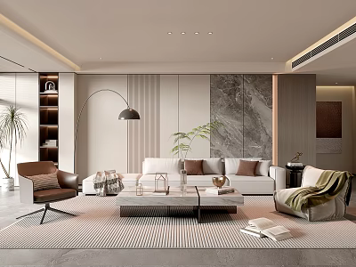 Modern Living Room Interior Design With Sofa Armchair Coffee Table Floor Lamp And Marble Wall 3d model