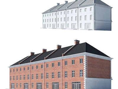 Red Brick And White School Building With Black Roof Multiple Windows And Chimneys 3d model