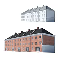 Red Brick And White School Building With Black Roof Multiple Windows And Chimneys