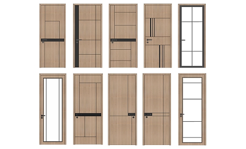 Modern swing door single door combination paint wood door 3d model