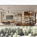 Retro Style Living And Dining Room With Brown Leather Sofa And Classic Art Wall Decor