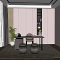 Modern Tea Table and Chairs Set With Marble Top and Gray Stools 3d model