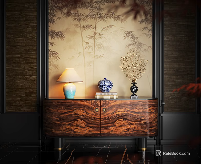 Wood Grain Entryway Console Cabinet With Golden Legs Table Lamp Blue Vase And Bamboo Wallpaper 3d model 