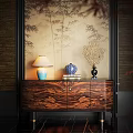 Wood Grain Entryway Console Cabinet With Golden Legs Table Lamp Blue Vase And Bamboo Wallpaper