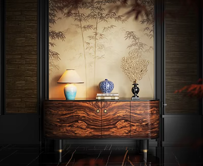 Wood Grain Entryway Console Cabinet With Golden Legs Table Lamp Blue Vase And Bamboo Wallpaper 3d model
