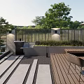 Courtyard Garden Design With Wooden Deck Outdoor Seating Green Plants And Sunshade Umbrella