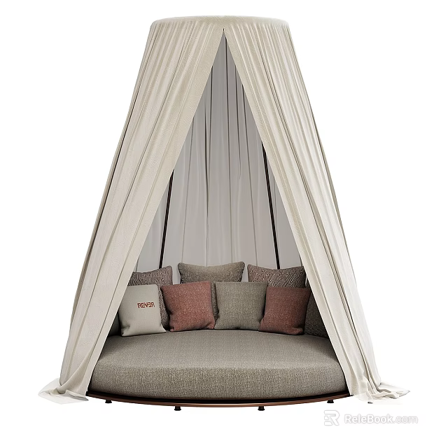 Stylish Round Bed With Beige Canopy And Colorful Decorative Pillows In Cozy Setting 3d model 