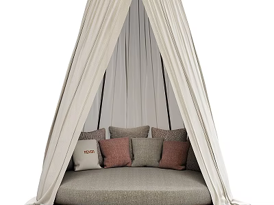 Stylish Round Bed With Beige Canopy And Colorful Decorative Pillows In Cozy Setting 3d model
