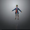 Colorful Clown Character Wearing Green Hat Blue Coat with Playful Animal Companion and Colorful Prop