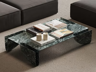 Modern Marble Coffee Table With Books And Candles In Living Room 3d model