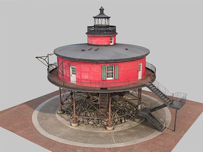 Red Circular Lighthouse Tower With Lighthouse Top Stone Base And Metal Stairs 3d model