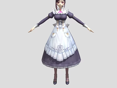 Elegant Game And Movie Character In Dark Maid Outfit With White Apron And Lace Details 3d model