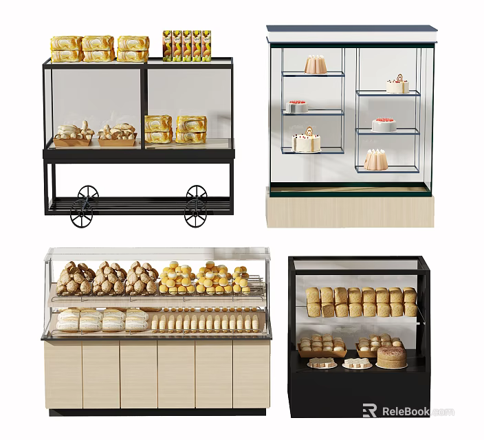 Multi Layer Mobile Bakery Display Shelves With Glass Doors For Bread And Pastry 3d model 