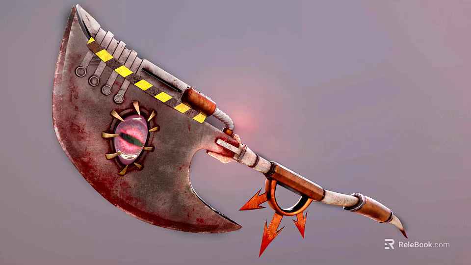 Mythical Warrior Wielding Monster Inspired Axe With Red Eye And Yellow Stripes 3d model 