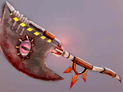Mythical Warrior Wielding Monster Inspired Axe With Red Eye And Yellow Stripes 3d model