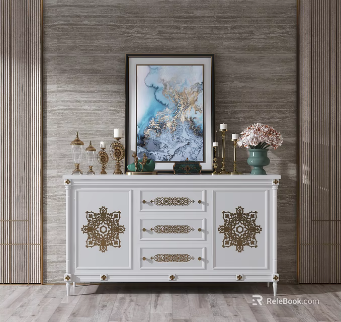 White Console Table with Gold Decorations Drawers and Candlesticks Vase on Textured Wall Background 3d model