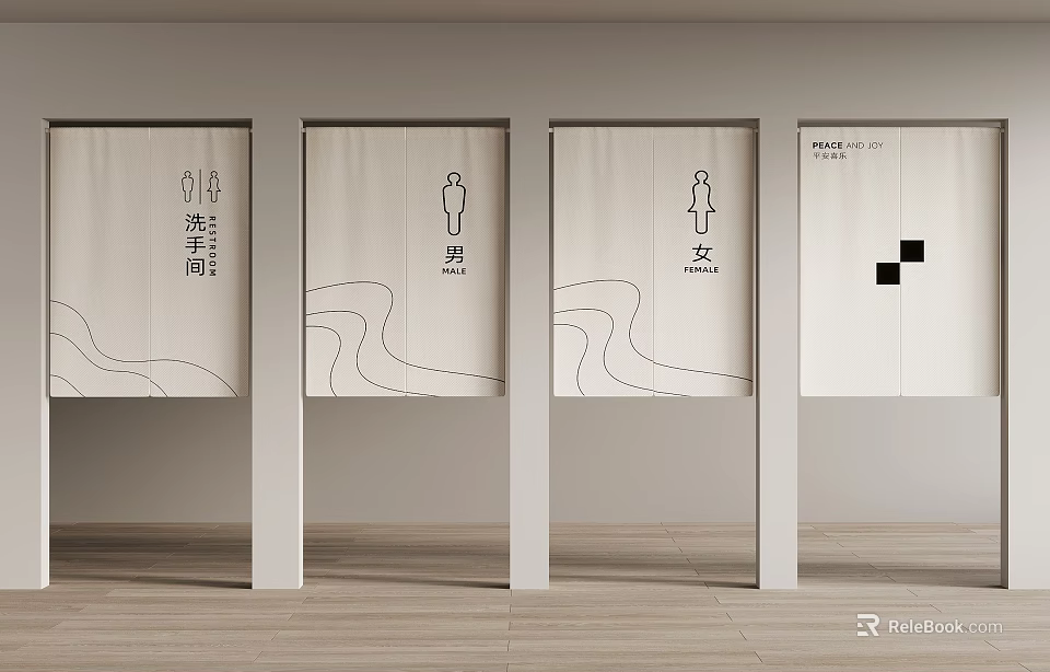 Minimalist Curtains for Public Restroom Cubicle Doors with Simple Line Patterns and Icon Text 3d model 