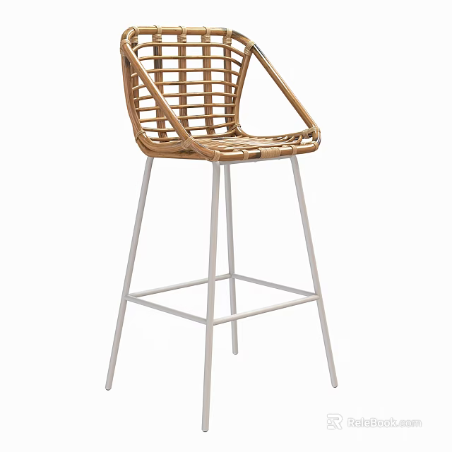 Modern Rattan Bar Stool with Woven Backrest and Metal Legs Design 3d model 