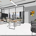 Modern Public Office Space With Desks Computers Sofa Seating Marble Flooring And Decorative Paintings
