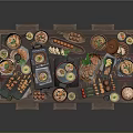 Assorted Delicious Food Dishes On Wooden Serving Platter With Bowls Skewers And Seafood