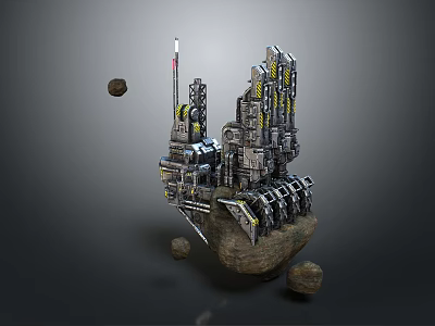 Futuristic Metallic Mechanical Structure Floating With Rocky Debris In Space 3d model