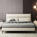 Modern Double Bed Featuring Beige Leather Headboard Gray Quilt Nightstand and Pendant Lights