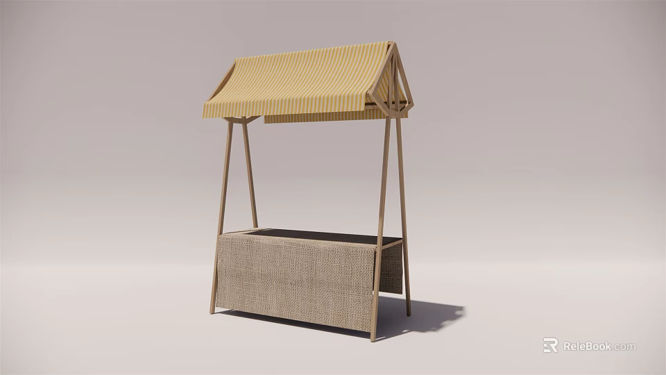 Commercial Equipment Outdoor Market Stall With Yellow Striped Canopy And Wooden Frame 3d model 
