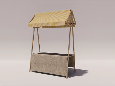Commercial Equipment Outdoor Market Stall With Yellow Striped Canopy And Wooden Frame 3d model