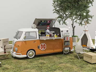 Orange And White Mobile Food Truck Serving Drinks With Outdoor Tent Chairs Wooden Boxes 3d model