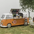 Orange And White Mobile Food Truck Serving Drinks With Outdoor Tent Chairs Wooden Boxes