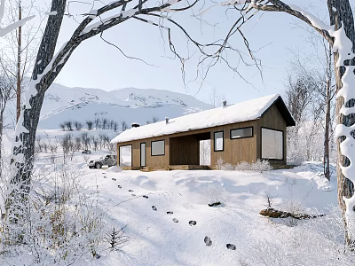 Snowy Landscape Wooden Cabin With Snow Covered Roof Trees Around and Footprints Leading 3d model