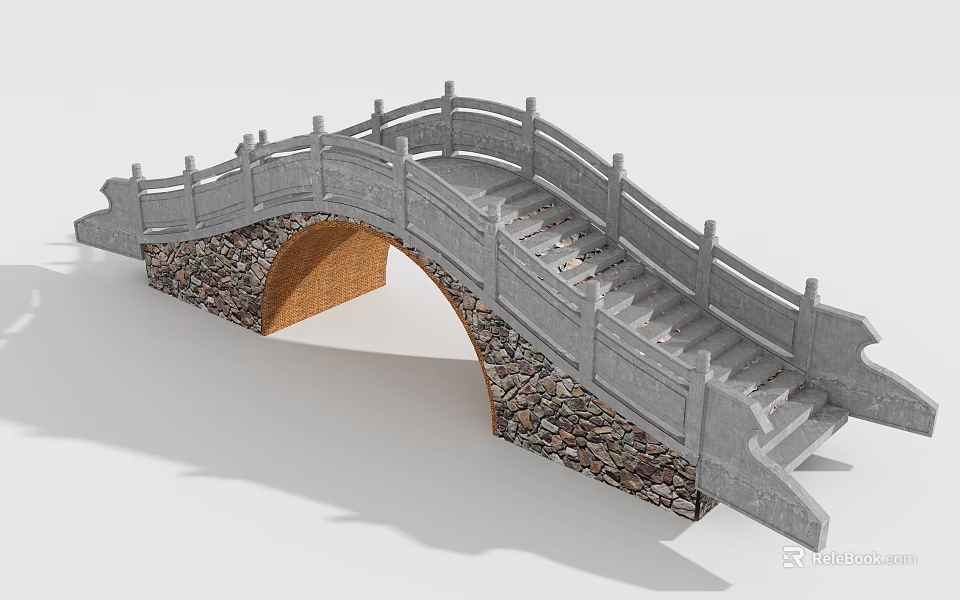 Stone Arch Bridge With Gray Stone Railing And Steps On Stone Foundation 3d model 