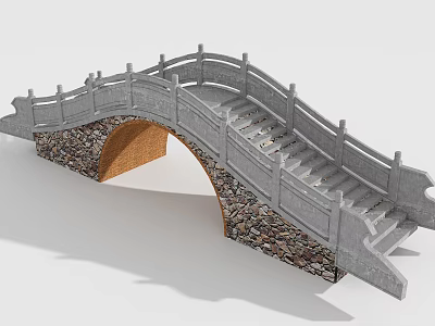 Stone Arch Bridge With Gray Stone Railing And Steps On Stone Foundation 3d model