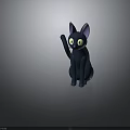 Cartoon Black Cat with Big Yellow Eyes and Purple Ears Sitting and Raising Paw