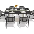 Modern Dining Table Set with Six Chairs Vase Yellow Flowers and Tableware 3d model