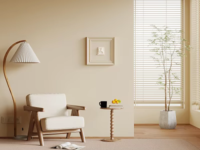 Cozy Lounge Chair In Beige Wall Room With Floor Lamp Small Table And Potted Plant 3d model
