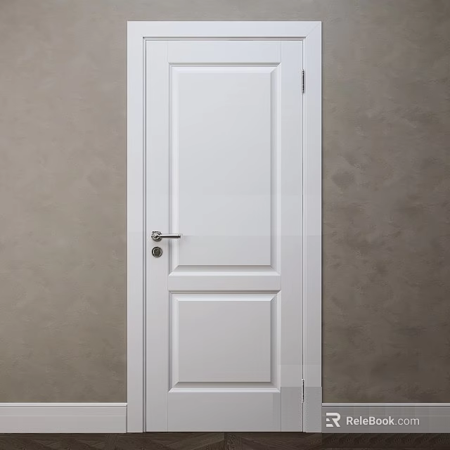 Modern White Hinged Door With Silver Handle And Lock On Gray Wall 3d model 