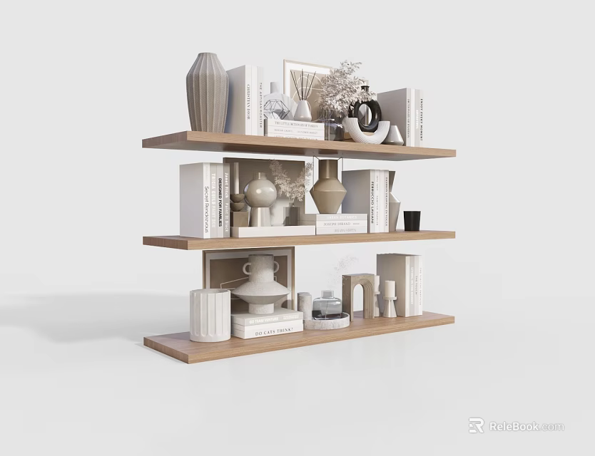 Modern Minimalist Decorative Ornament Combination On Wooden Shelf With Vases Photo Frames Sculptures And Books 3d model 