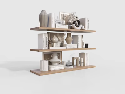 Modern Minimalist Decorative Ornament Combination On Wooden Shelf With Vases Photo Frames Sculptures And Books 3d model