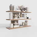 Modern Minimalist Decorative Ornament Combination On Wooden Shelf With Vases Photo Frames Sculptures And Books