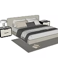 Double Bed with Upholstered Headboard White Sheets Pillows Dark Blanket Bedside Tables Lamp and Rug
