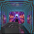 Modern KTV Interior With Neon Lights Sofa Background Screen And Decorative Paintings